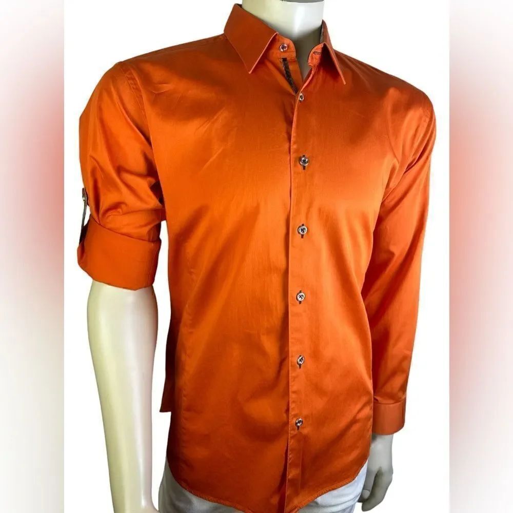 Jared Lang L/S Casual Orange Button Down w/Silver Metal Buttons Like New Size L